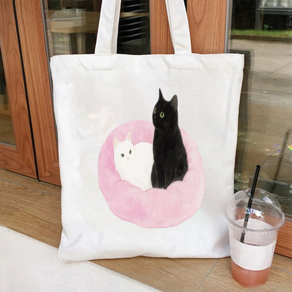 Shopper Tote Canvas - Watercolor Black Cat with Pink Wings