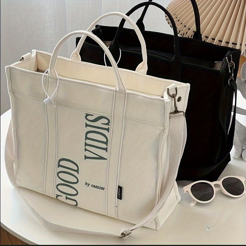 Shopper Tote Canvas - Letter Print Canvas Tote Bag, Comfortable